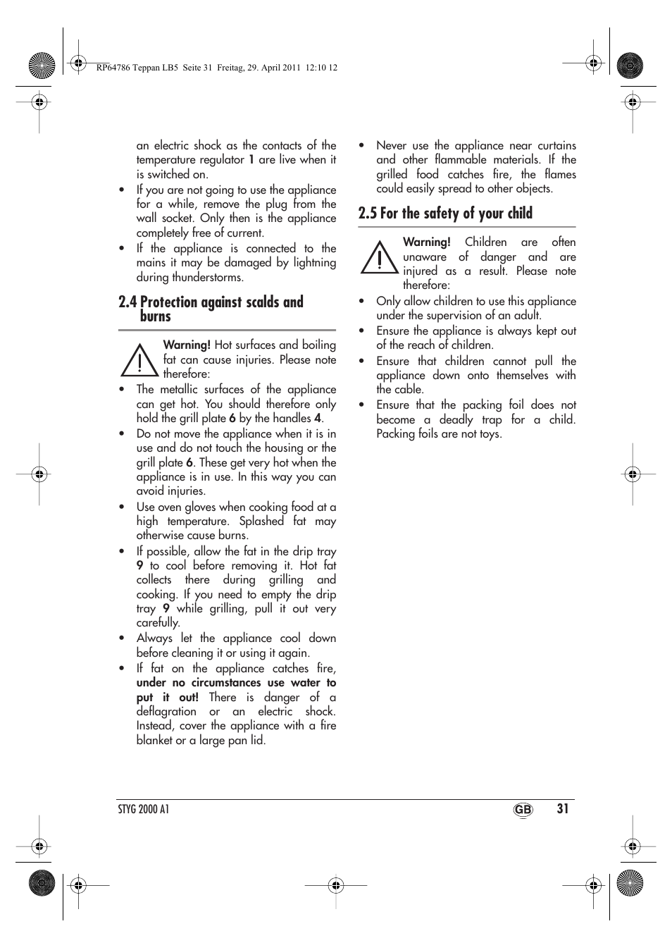 4 protection against scalds and burns, 5 for the safety of your child | Silvercrest STYG 2000 A1 User Manual | Page 33 / 46