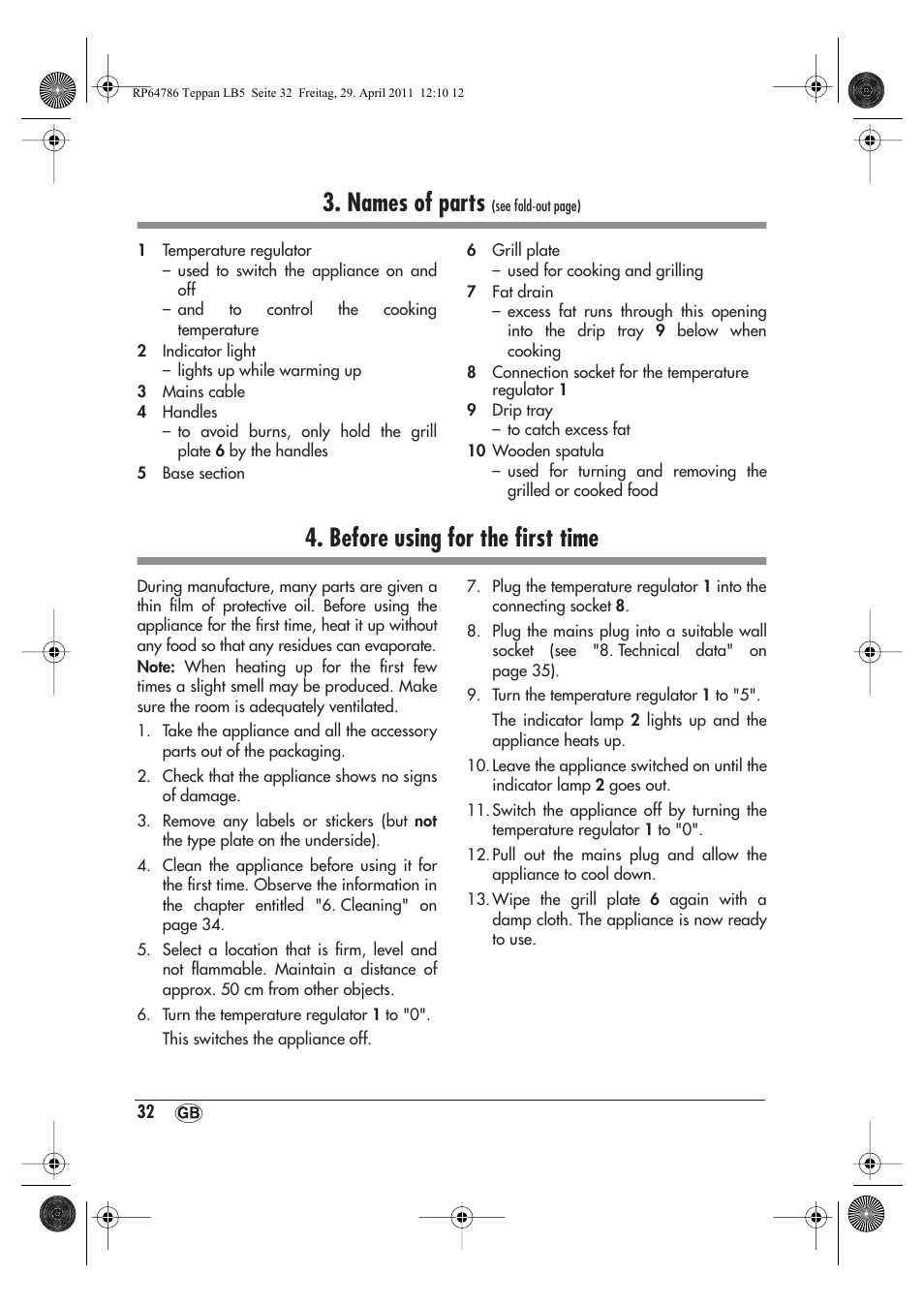 Names of parts, Before using for the first time | Silvercrest STYG 2000 A1 User Manual | Page 34 / 46