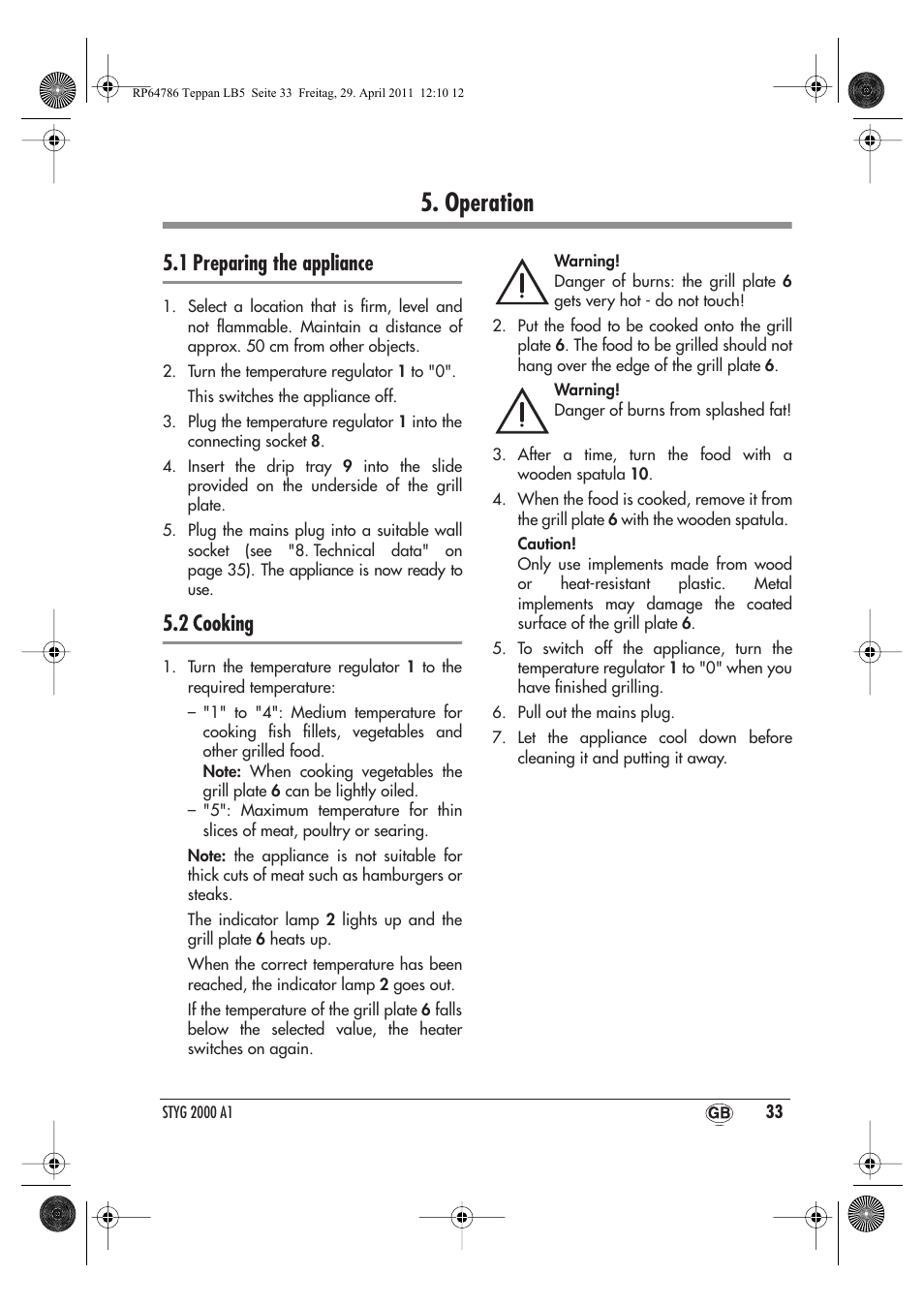 Operation, 1 preparing the appliance, 2 cooking | Silvercrest STYG 2000 A1 User Manual | Page 35 / 46