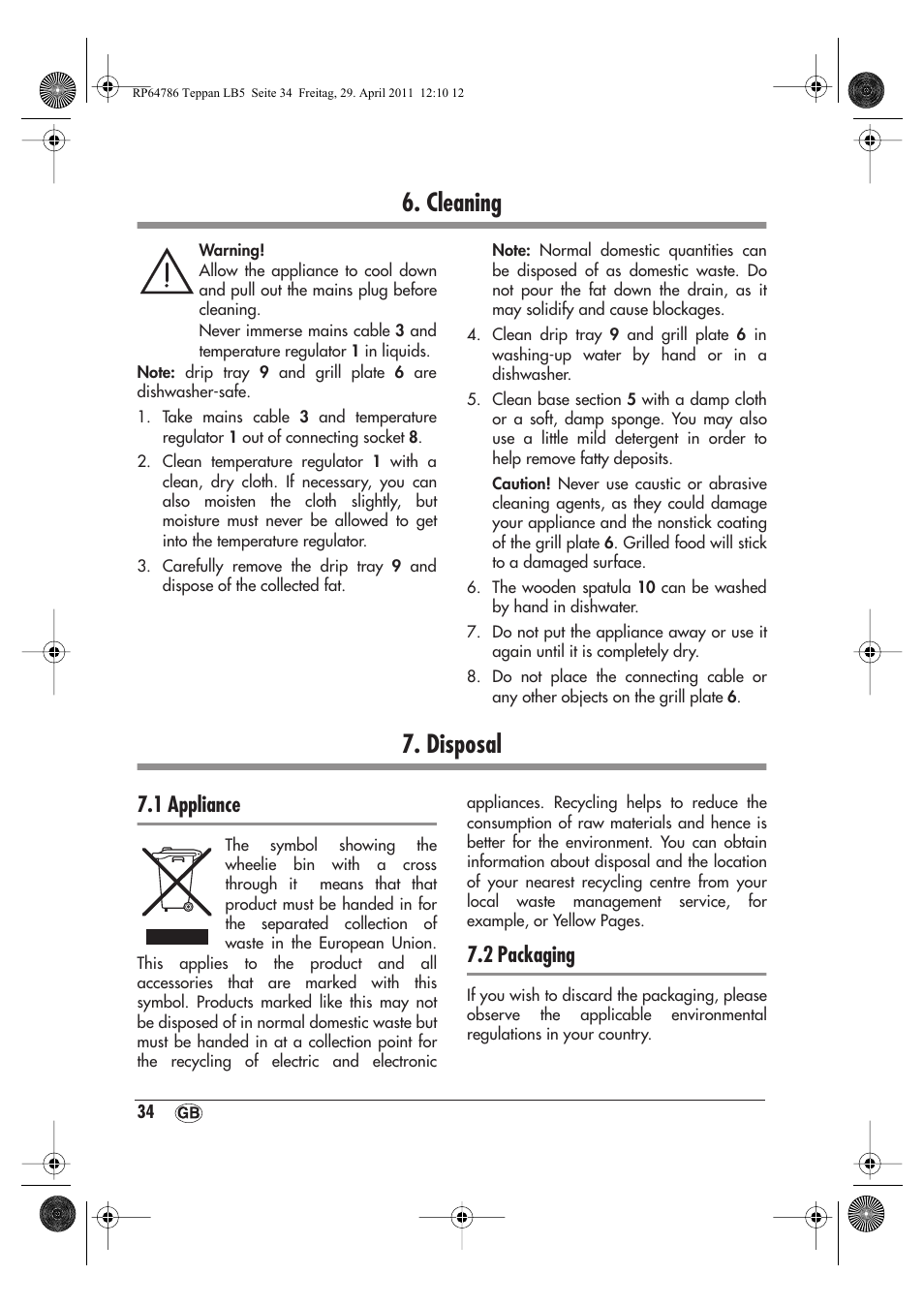 Cleaning, Disposal, 1 appliance | 2 packaging | Silvercrest STYG 2000 A1 User Manual | Page 36 / 46