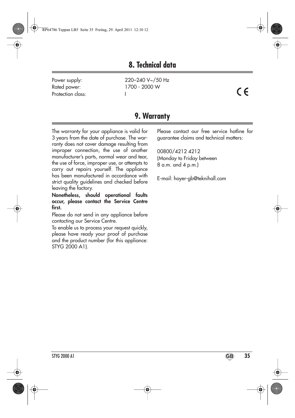 Technical data, Warranty | Silvercrest STYG 2000 A1 User Manual | Page 37 / 46