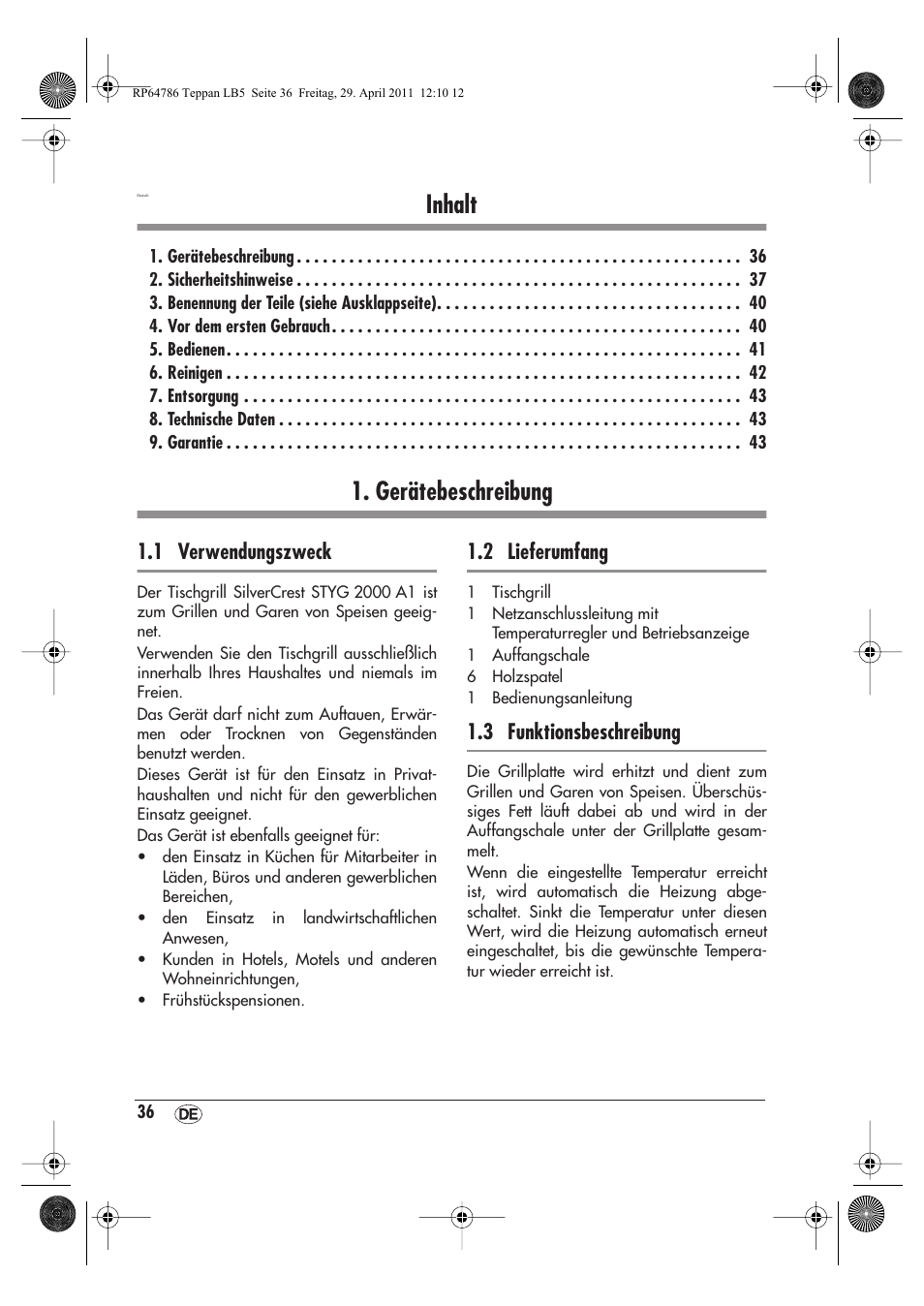 Inhalt, Gerätebeschreibung, 1 verwendungszweck | 2 lieferumfang, 3 funktionsbeschreibung | Silvercrest STYG 2000 A1 User Manual | Page 38 / 46