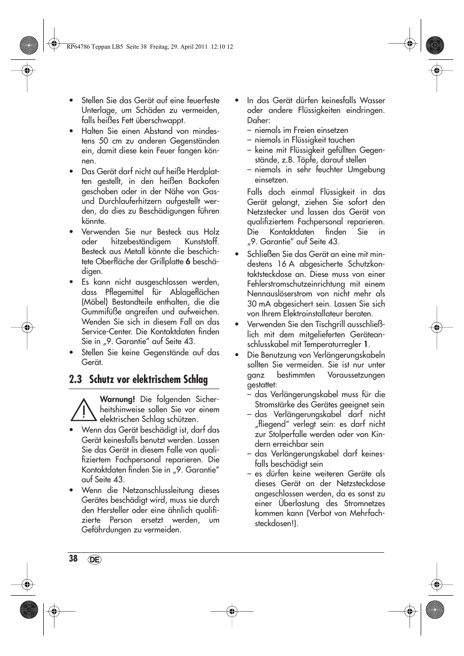 3 schutz vor elektrischem schlag | Silvercrest STYG 2000 A1 User Manual | Page 40 / 46