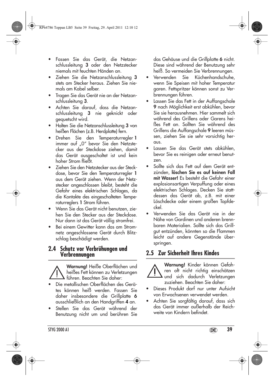 4 schutz vor verbrühungen und verbrennungen, 5 zur sicherheit ihres kindes | Silvercrest STYG 2000 A1 User Manual | Page 41 / 46