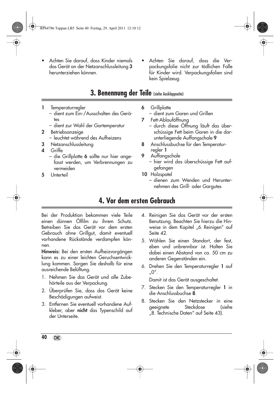 Benennung der teile, Vor dem ersten gebrauch | Silvercrest STYG 2000 A1 User Manual | Page 42 / 46