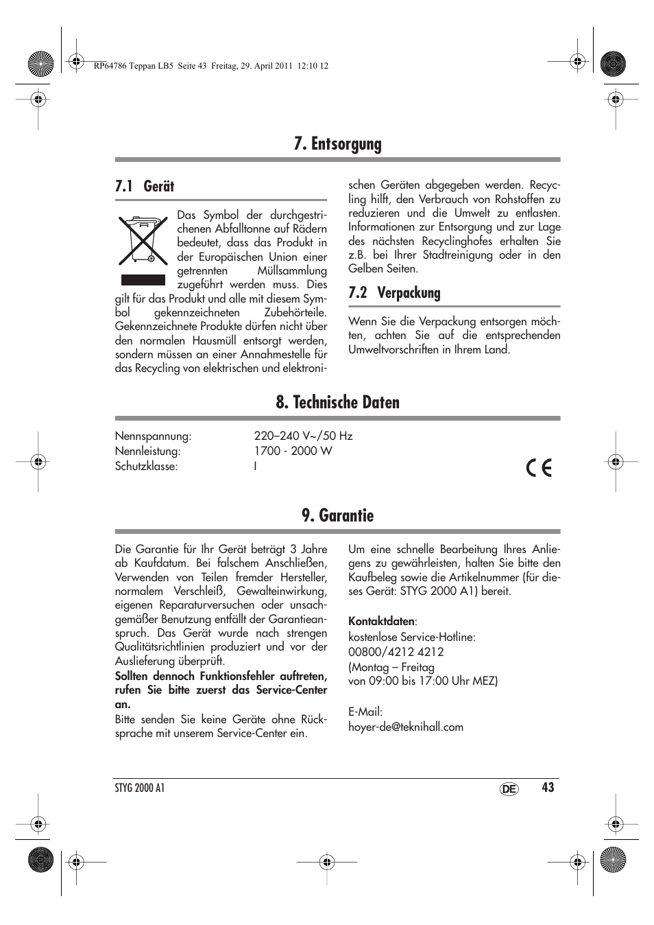 Entsorgung, Technische daten, Garantie | 1 gerät, 2 verpackung | Silvercrest STYG 2000 A1 User Manual | Page 45 / 46