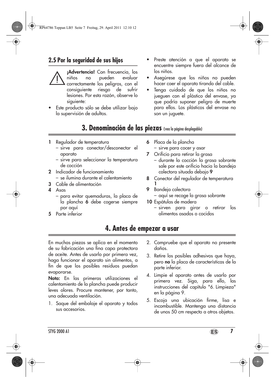 Denominación de las piezas, Antes de empezar a usar, 5 por la seguridad de sus hijos | Silvercrest STYG 2000 A1 User Manual | Page 9 / 46
