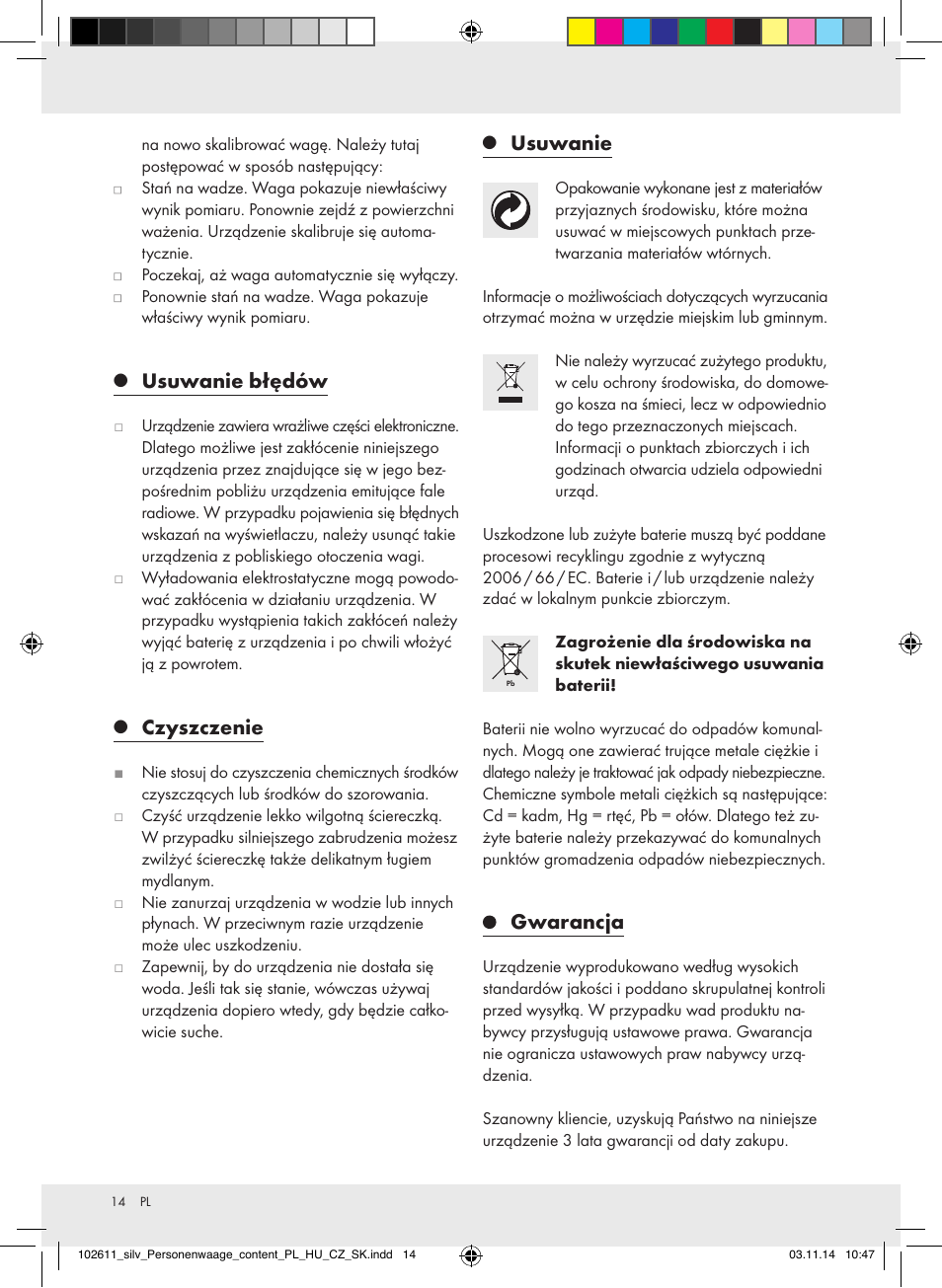 Usuwanie błędów, Czyszczenie, Usuwanie | Gwarancja | Silvercrest 102611-14-01/102611-14-02 User Manual | Page 14 / 42