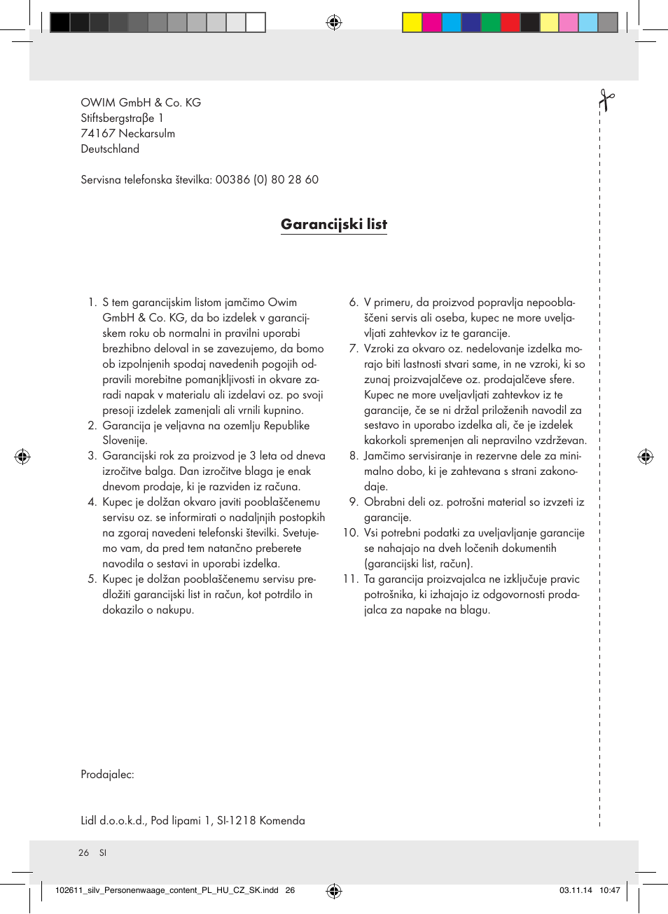 Garancijski list | Silvercrest 102611-14-01/102611-14-02 User Manual | Page 26 / 42