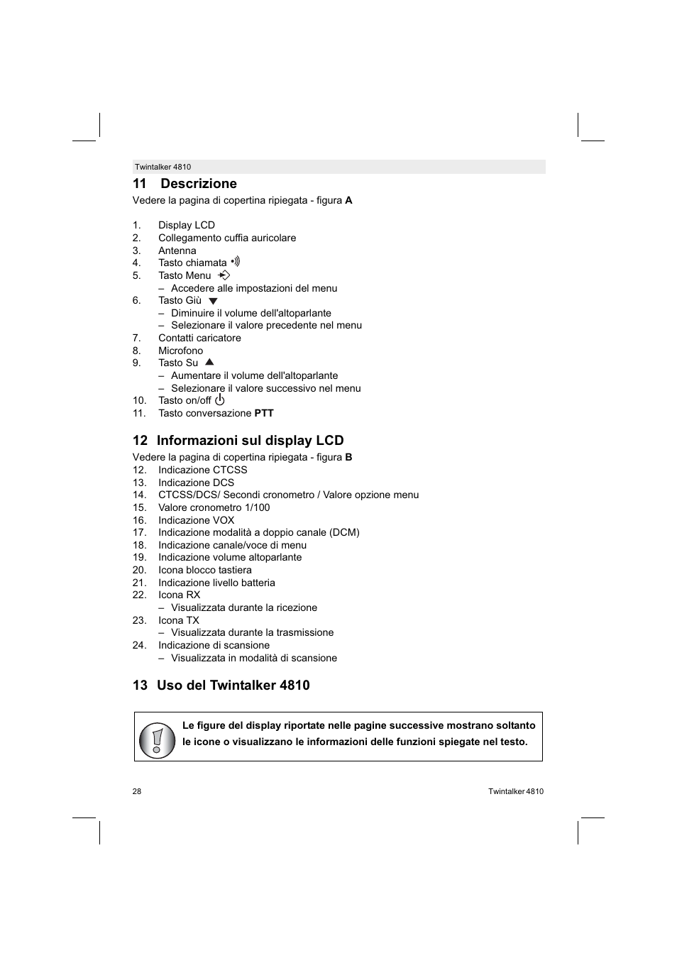 11 descrizione, 12 informazioni sul display lcd | Silvercrest TWINTALKER 4810 User Manual | Page 28 / 96