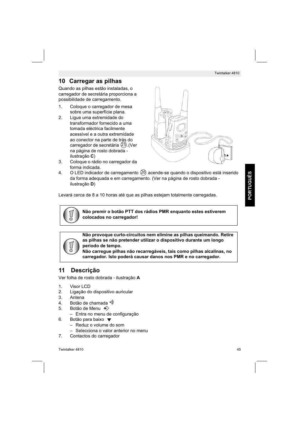 10 carregar as pilhas, 11 descrição | Silvercrest TWINTALKER 4810 User Manual | Page 45 / 96