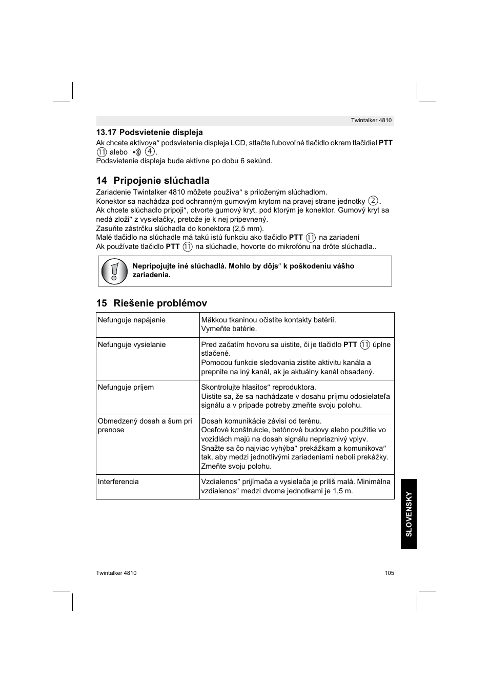 14 pripojenie slúchadla, 15 riešenie problémov | Silvercrest TWINTALKER 4810 User Manual | Page 105 / 148