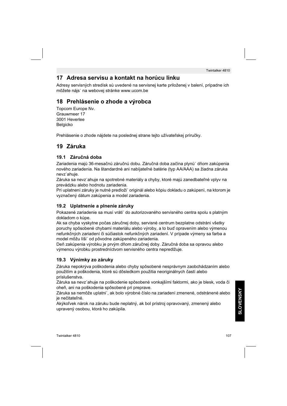 17 adresa servisu a kontakt na horúcu linku, 18 prehlásenie o zhode a výrobca, 19 záruka | Silvercrest TWINTALKER 4810 User Manual | Page 107 / 148