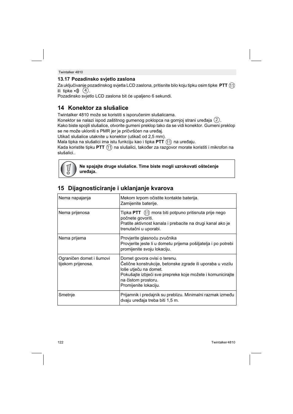 14 konektor za slušalice, 15 dijagnosticiranje i uklanjanje kvarova | Silvercrest TWINTALKER 4810 User Manual | Page 122 / 148