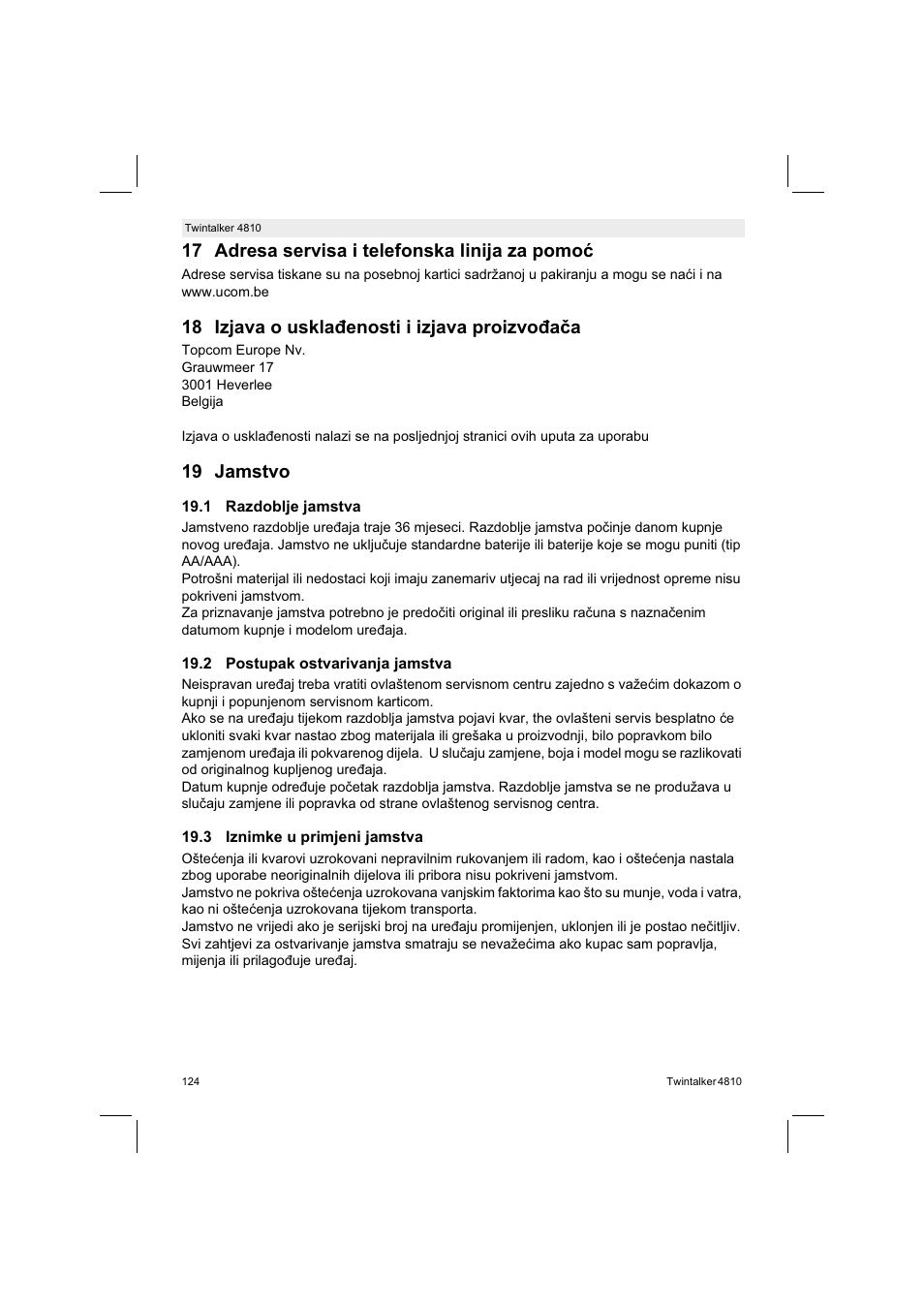 17 adresa servisa i telefonska linija za pomo, 18 izjava o usklaenosti i izjava proizvoaa, 19 jamstvo | Silvercrest TWINTALKER 4810 User Manual | Page 124 / 148