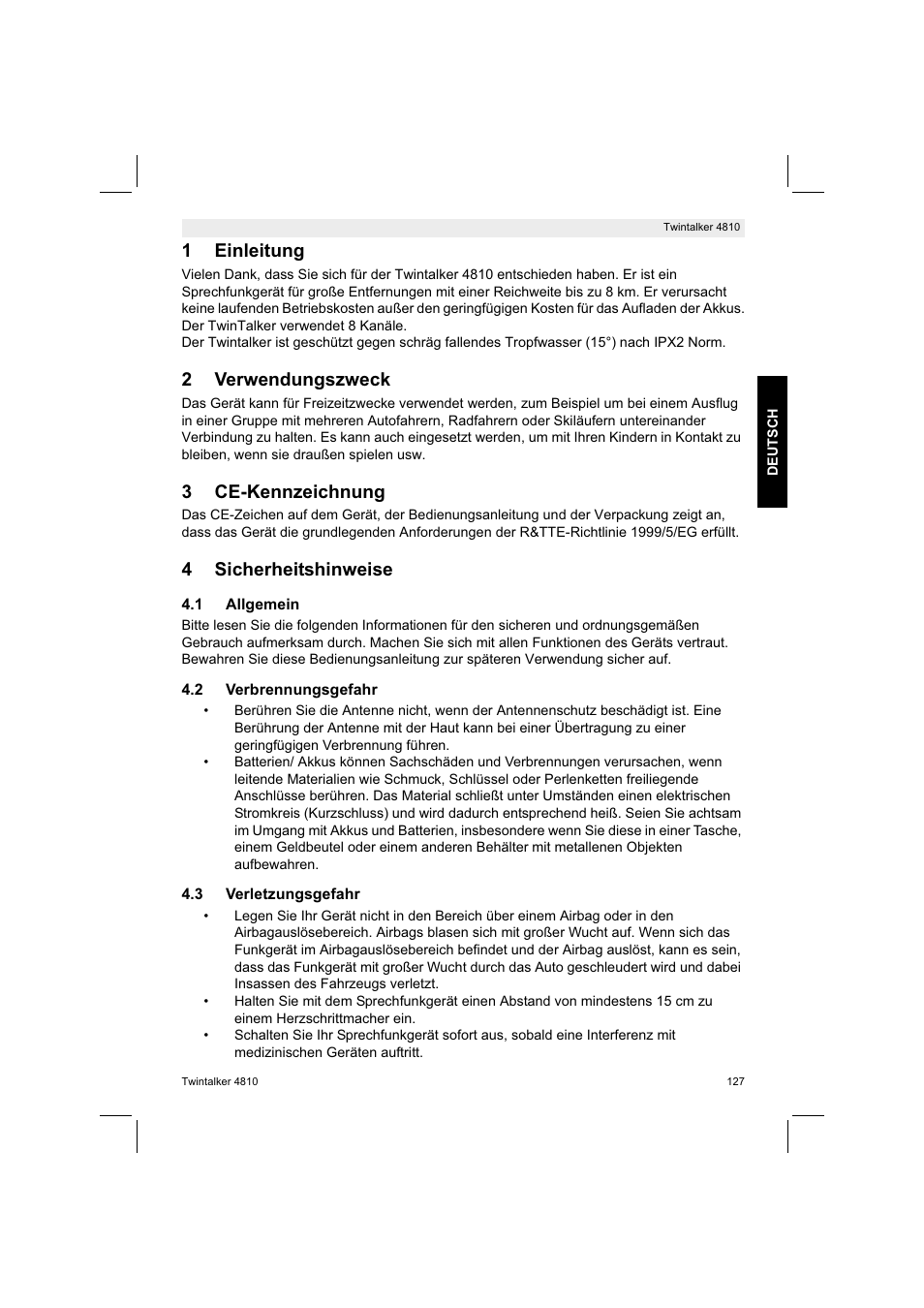 1einleitung, 2verwendungszweck, 3ce-kennzeichnung | 4sicherheitshinweise | Silvercrest TWINTALKER 4810 User Manual | Page 127 / 148