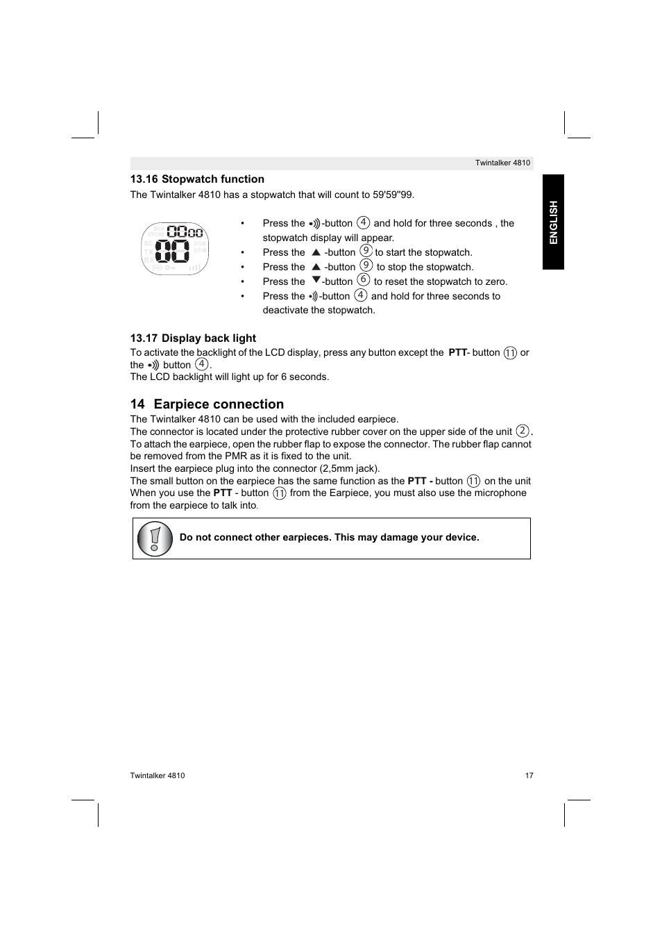 14 earpiece connection | Silvercrest TWINTALKER 4810 User Manual | Page 17 / 148