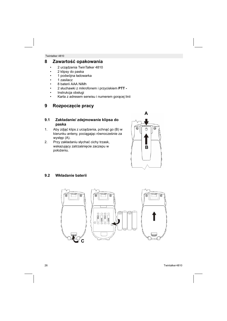 8zawarto opakowania, 9rozpoczcie pracy, Ab c | Silvercrest TWINTALKER 4810 User Manual | Page 26 / 148