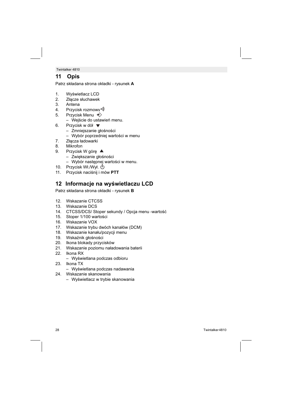 11 opis, 12 informacje na wywietlaczu lcd | Silvercrest TWINTALKER 4810 User Manual | Page 28 / 148