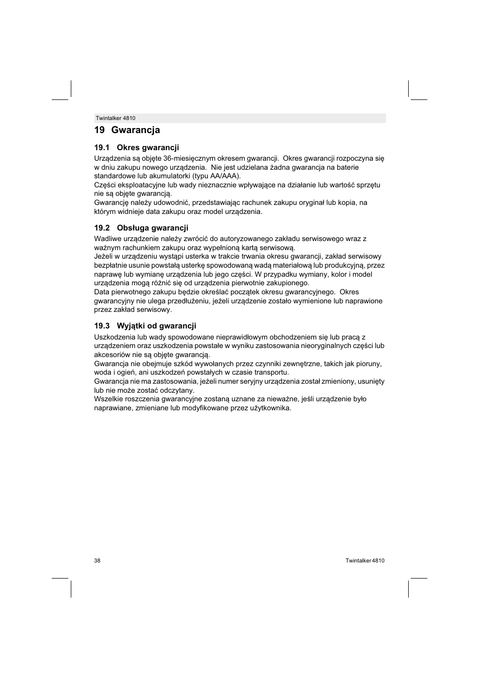 19 gwarancja | Silvercrest TWINTALKER 4810 User Manual | Page 38 / 148