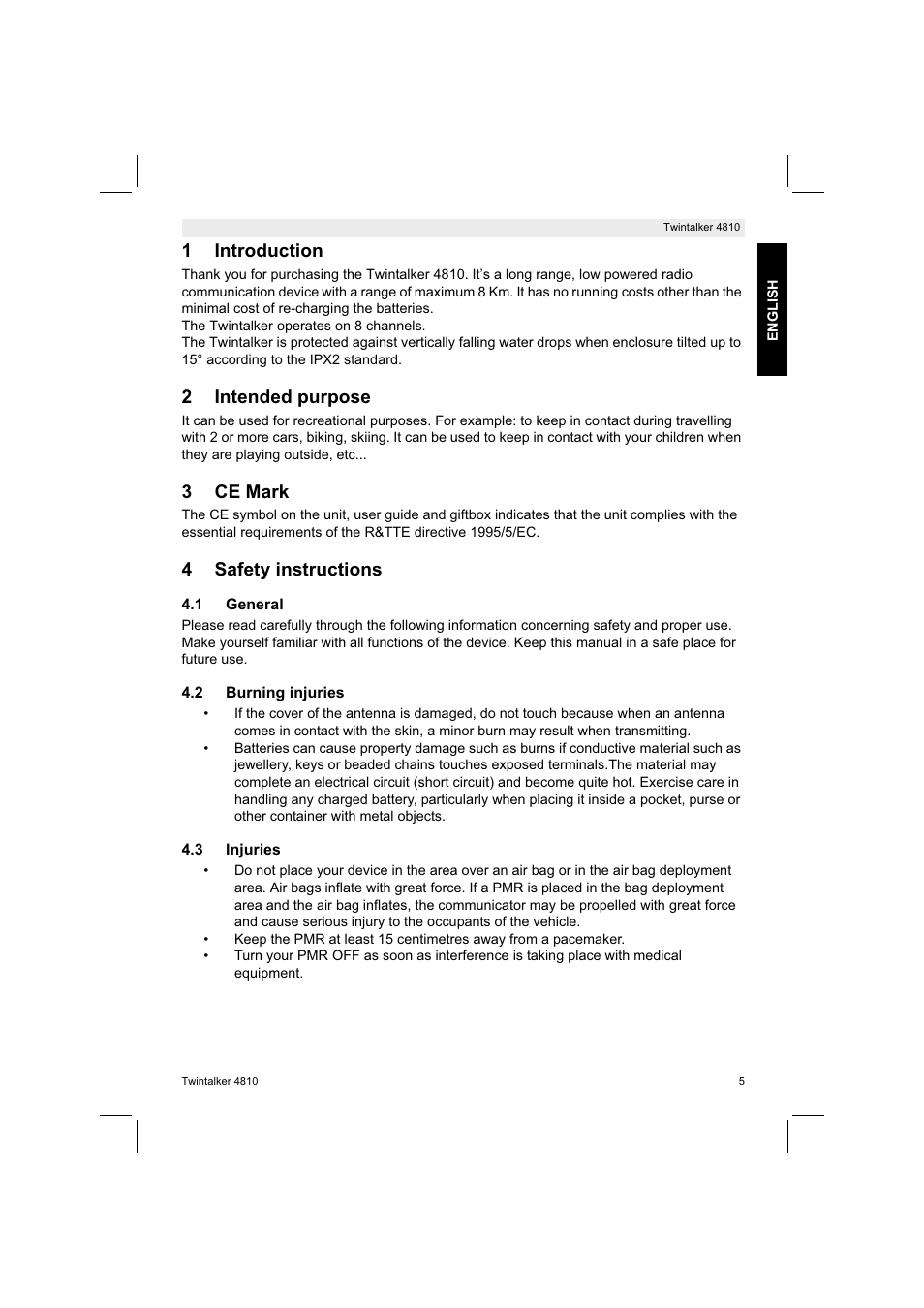 1introduction, 2intended purpose, 3ce mark | 4safety instructions | Silvercrest TWINTALKER 4810 User Manual | Page 5 / 148