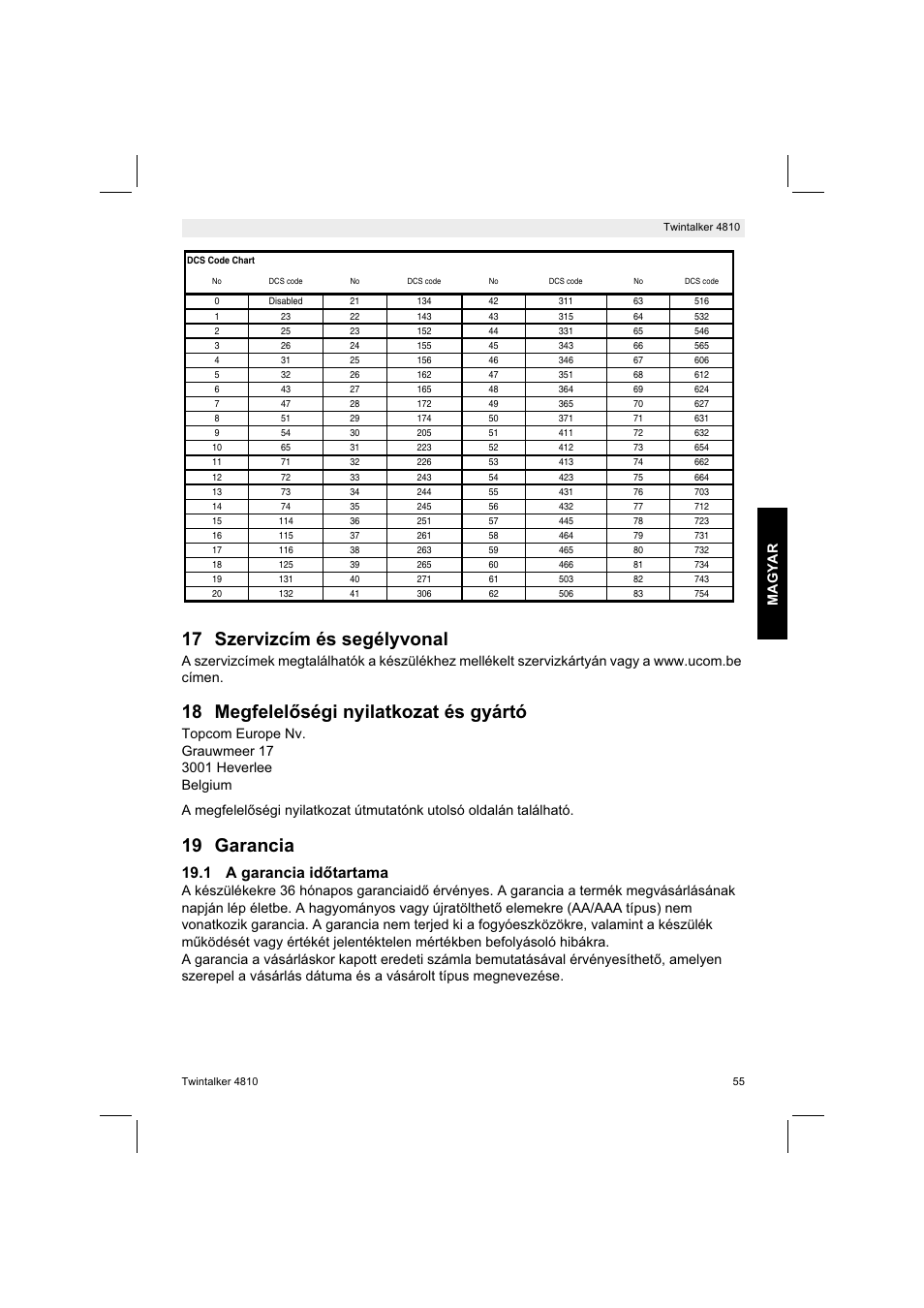 17 szervizcím és segélyvonal, 18 megfelel ségi nyilatkozat és gyártó, 19 garancia | 1 a garancia id tartama, Magyar | Silvercrest TWINTALKER 4810 User Manual | Page 55 / 148