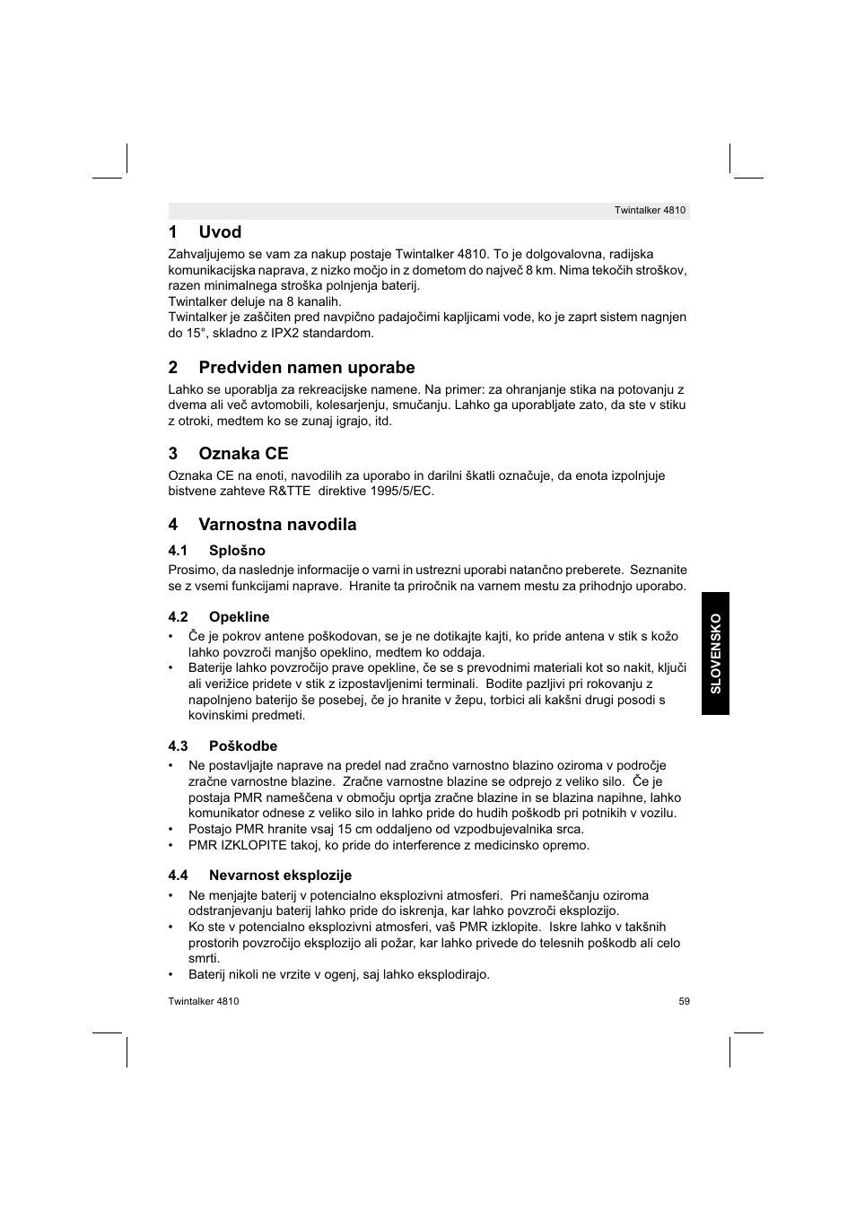 1uvod, 2predviden namen uporabe, 3oznaka ce | 4varnostna navodila | Silvercrest TWINTALKER 4810 User Manual | Page 59 / 148