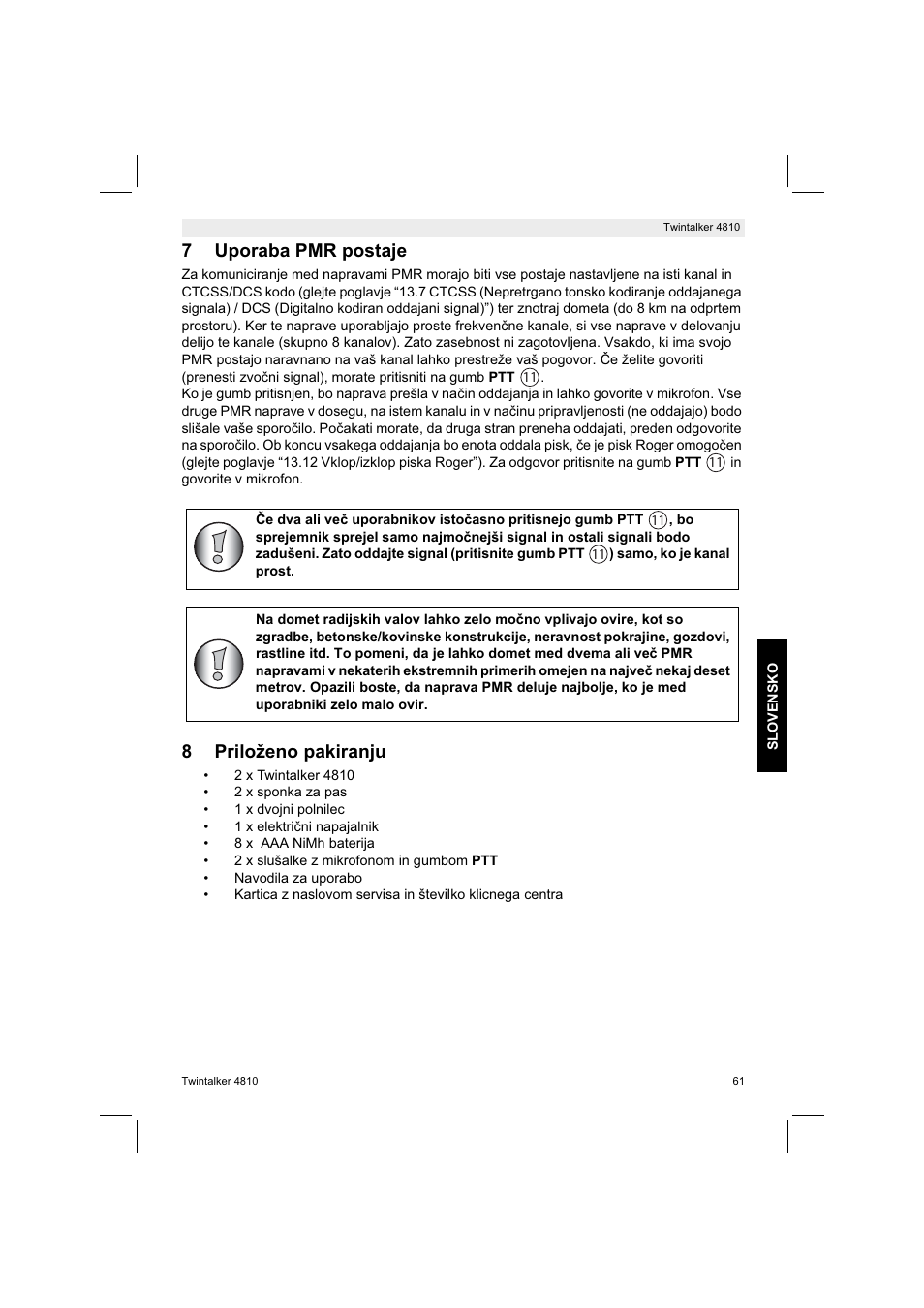 7uporaba pmr postaje, 8priloženo pakiranju | Silvercrest TWINTALKER 4810 User Manual | Page 61 / 148