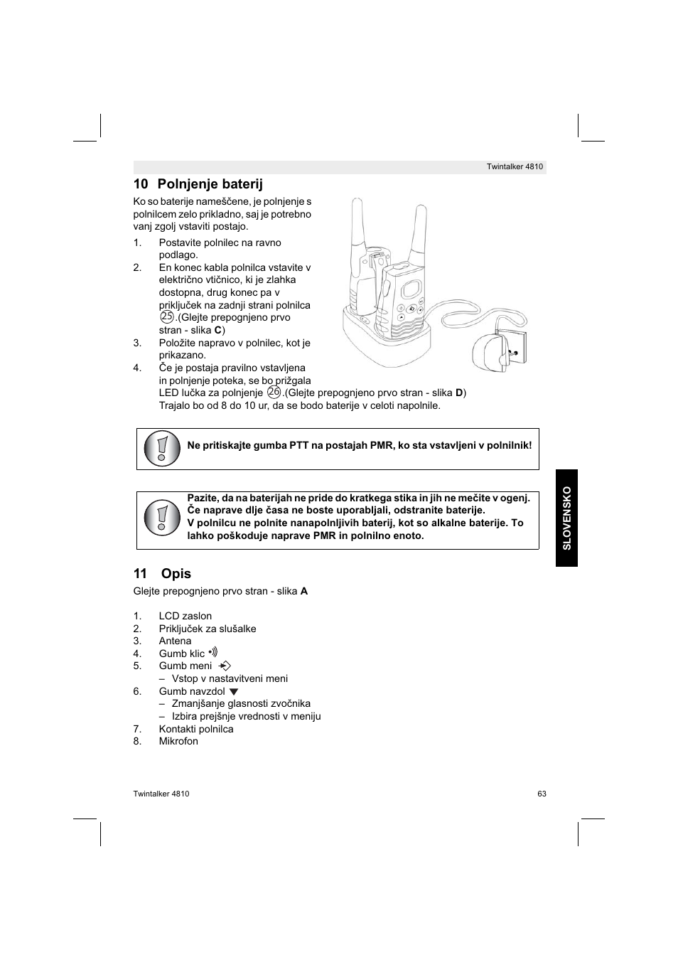 10 polnjenje baterij, 11 opis | Silvercrest TWINTALKER 4810 User Manual | Page 63 / 148