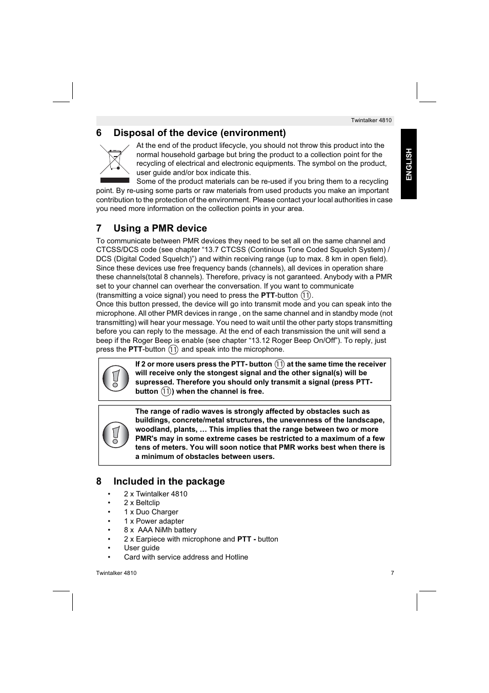 6disposal of the device (environment), 7using a pmr device, 8included in the package | Silvercrest TWINTALKER 4810 User Manual | Page 7 / 148