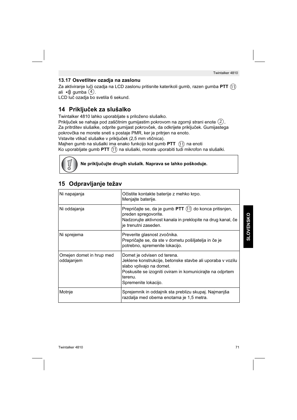 14 prikljuek za slušalko, 15 odpravljanje težav | Silvercrest TWINTALKER 4810 User Manual | Page 71 / 148