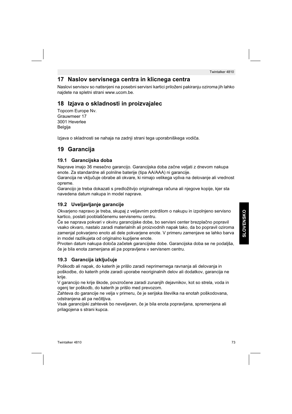 17 naslov servisnega centra in klicnega centra, 18 izjava o skladnosti in proizvajalec, 19 garancija | Silvercrest TWINTALKER 4810 User Manual | Page 73 / 148