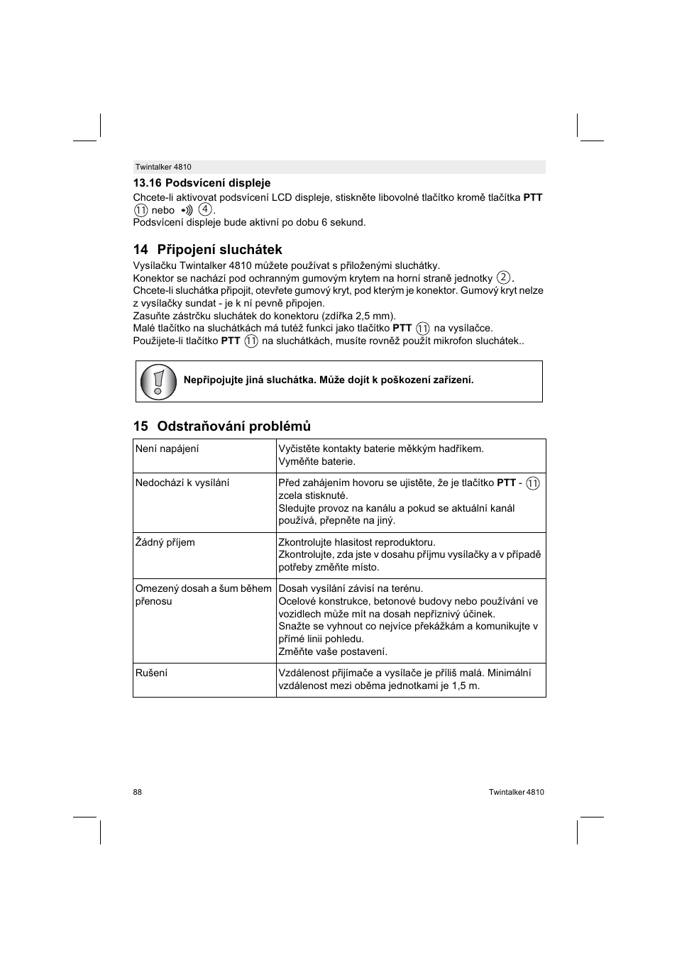 14 pipojení sluchátek, 15 odstraování problém | Silvercrest TWINTALKER 4810 User Manual | Page 88 / 148