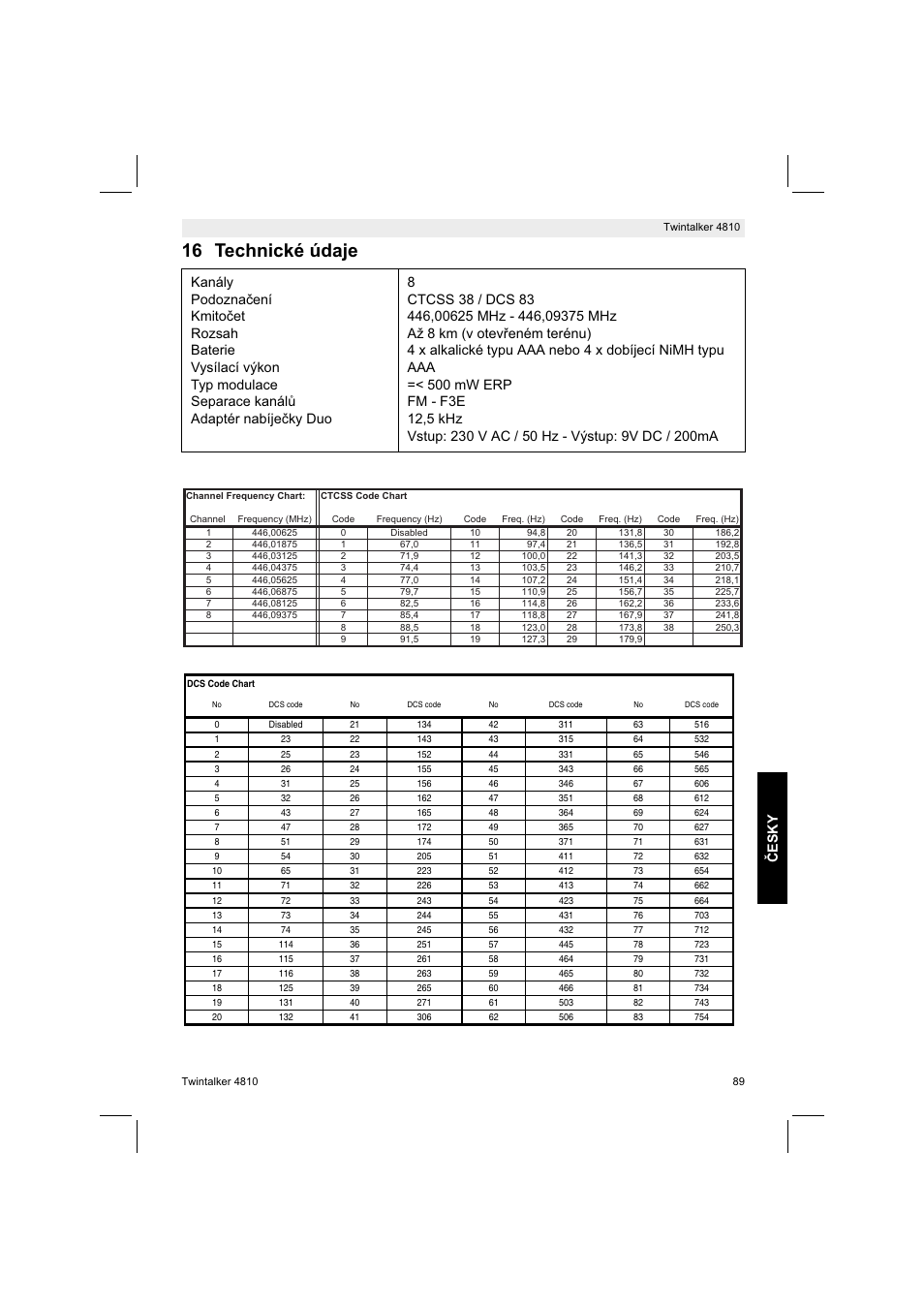 16 technické údaje, Esky | Silvercrest TWINTALKER 4810 User Manual | Page 89 / 148