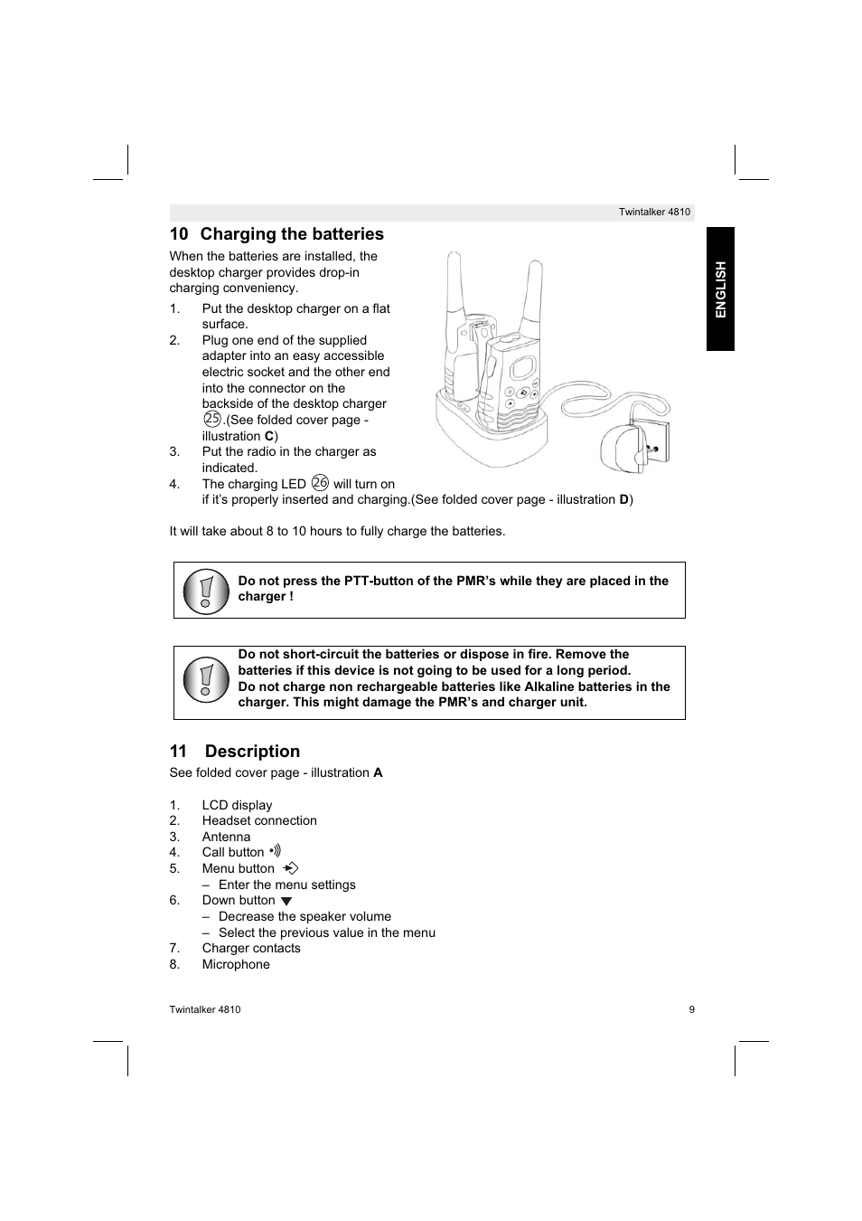 10 charging the batteries, 11 description | Silvercrest TWINTALKER 4810 User Manual | Page 9 / 148