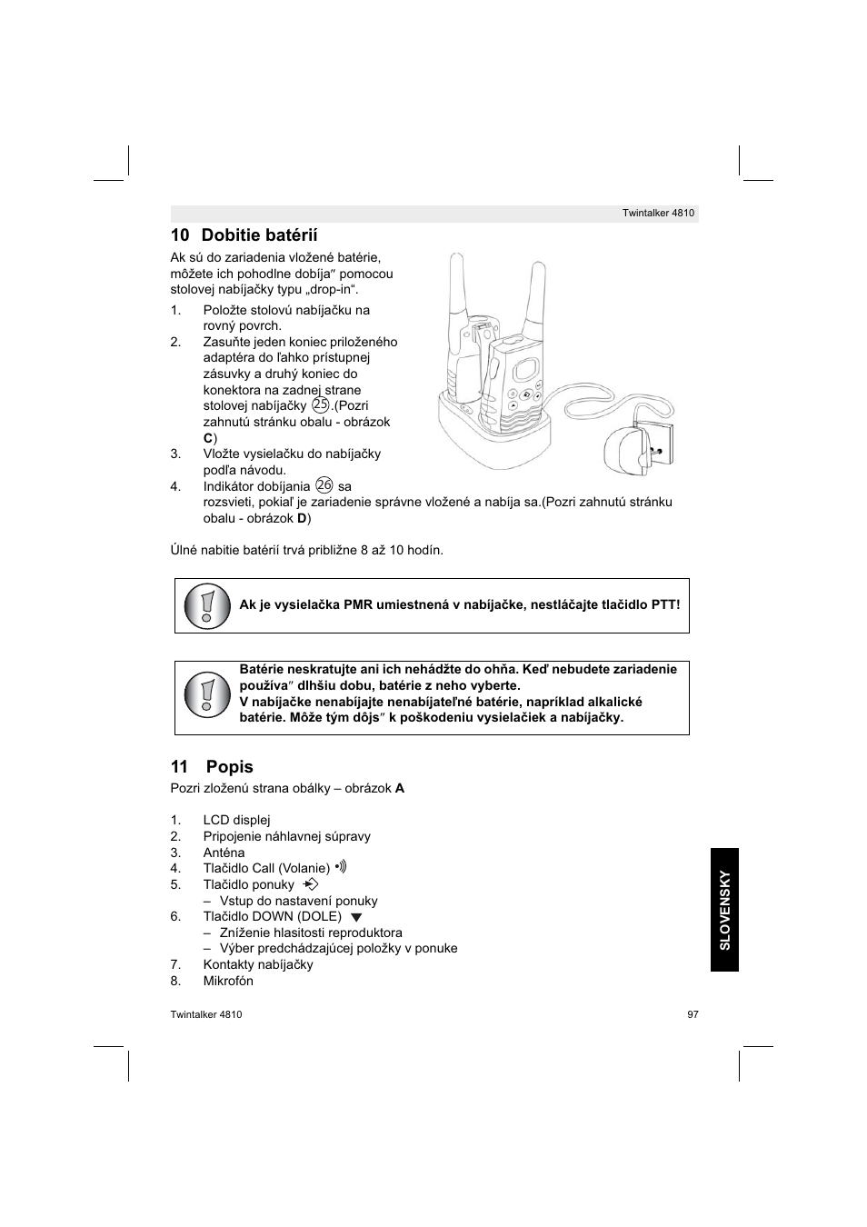 10 dobitie batérií, 11 popis | Silvercrest TWINTALKER 4810 User Manual | Page 97 / 148