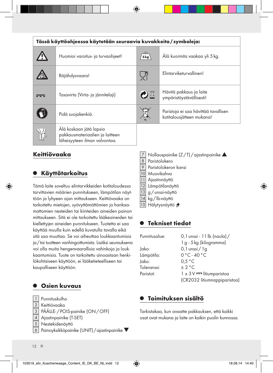Keittiövaaka, Käyttötarkoitus, Osien kuvaus | Tekniset tiedot, Toimituksen sisältö | Silvercrest H14271A/H14271B/H14271C User Manual | Page 12 / 55