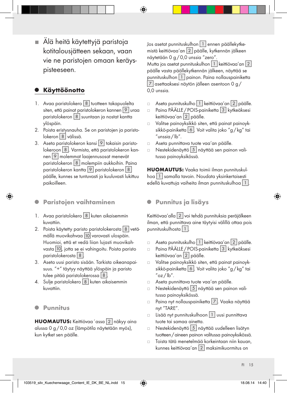Käyttöönotto, Paristojen vaihtaminen, Punnitus | Punnitus ja lisäys | Silvercrest H14271A/H14271B/H14271C User Manual | Page 15 / 55