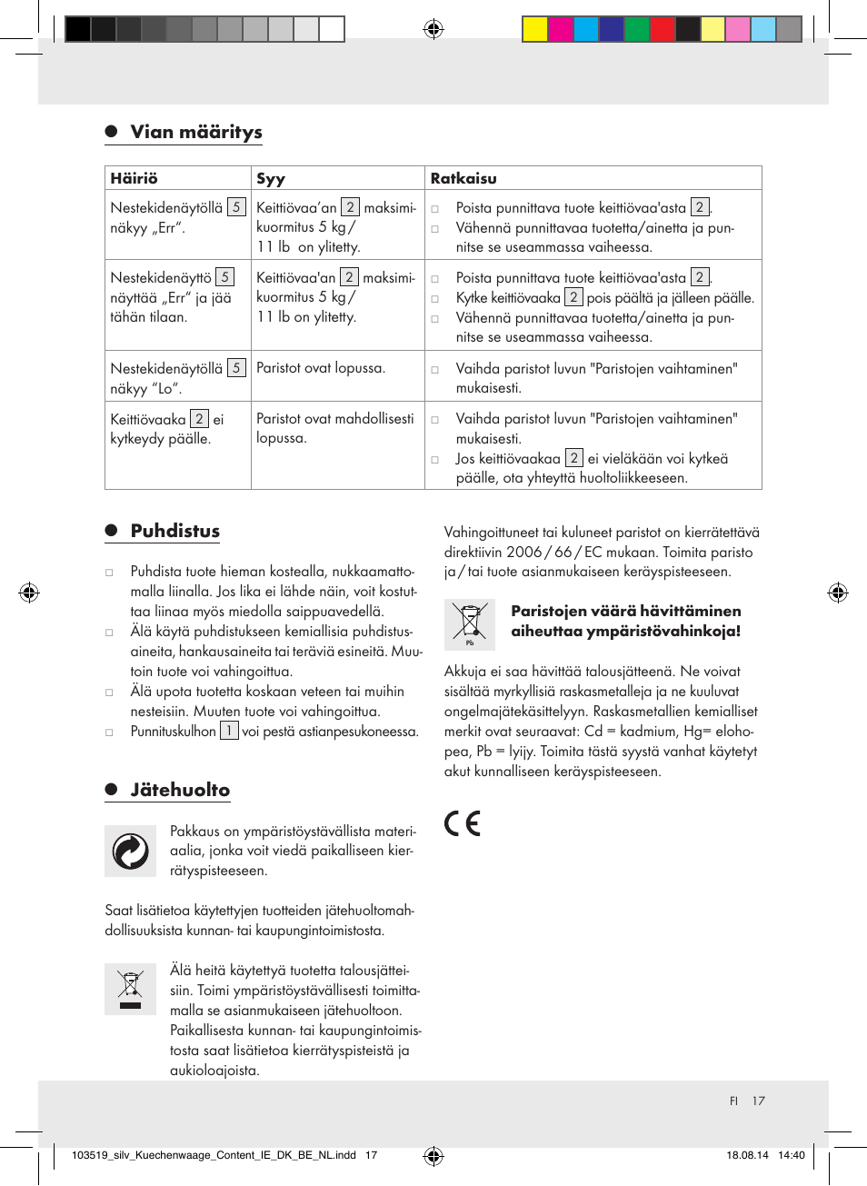 Puhdistus, Jätehuolto, Vian määritys | Silvercrest H14271A/H14271B/H14271C User Manual | Page 17 / 55