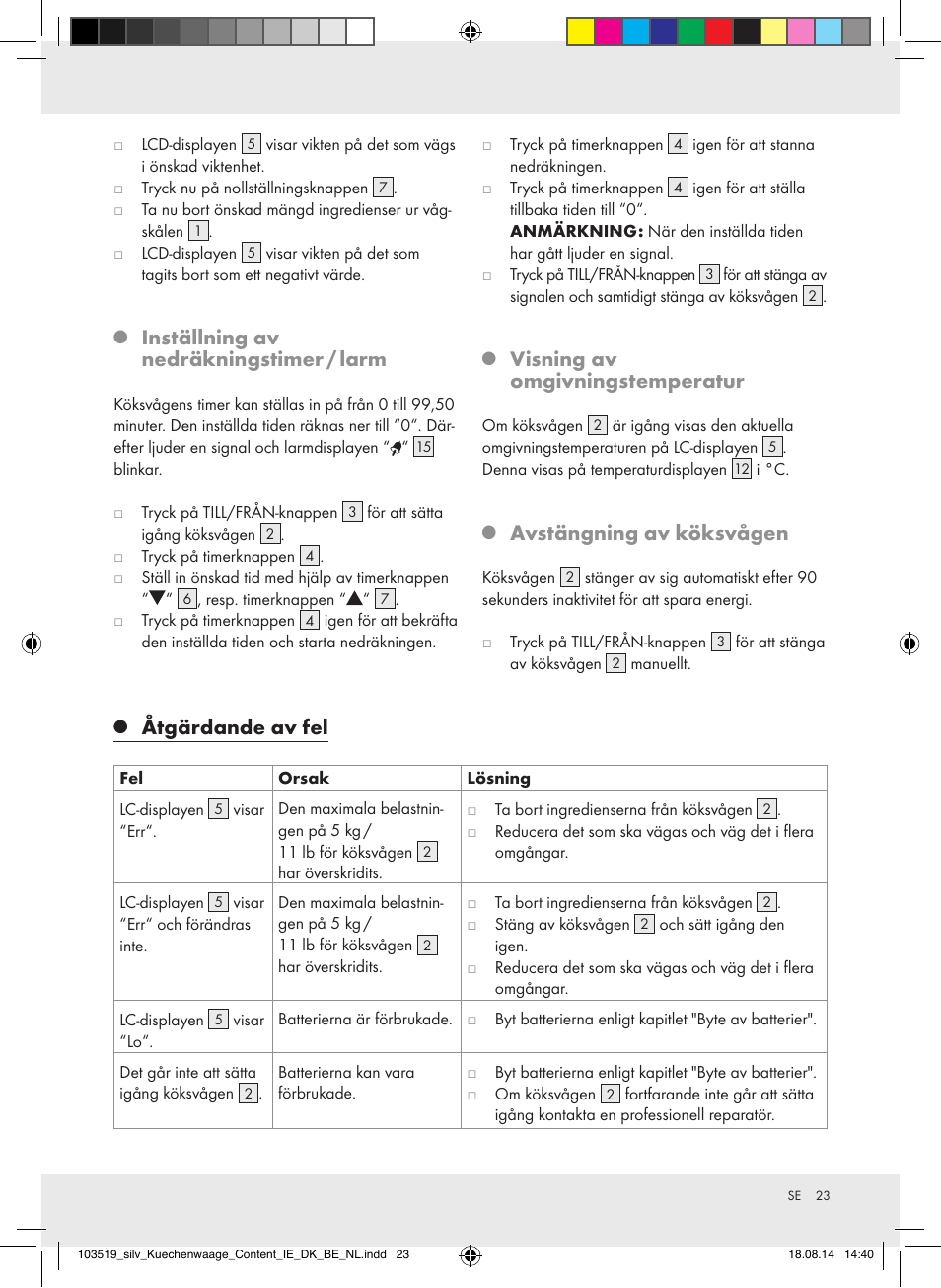 Inställning av nedräkningstimer / larm, Visning av omgivningstemperatur, Avstängning av köksvågen | Åtgärdande av fel | Silvercrest H14271A/H14271B/H14271C User Manual | Page 23 / 55