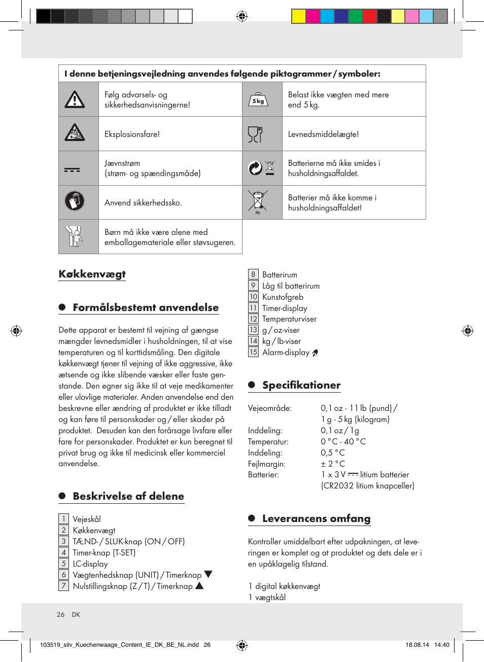 Køkkenvægt, Formålsbestemt anvendelse, Beskrivelse af delene | Specifikationer, Leverancens omfang | Silvercrest H14271A/H14271B/H14271C User Manual | Page 26 / 55