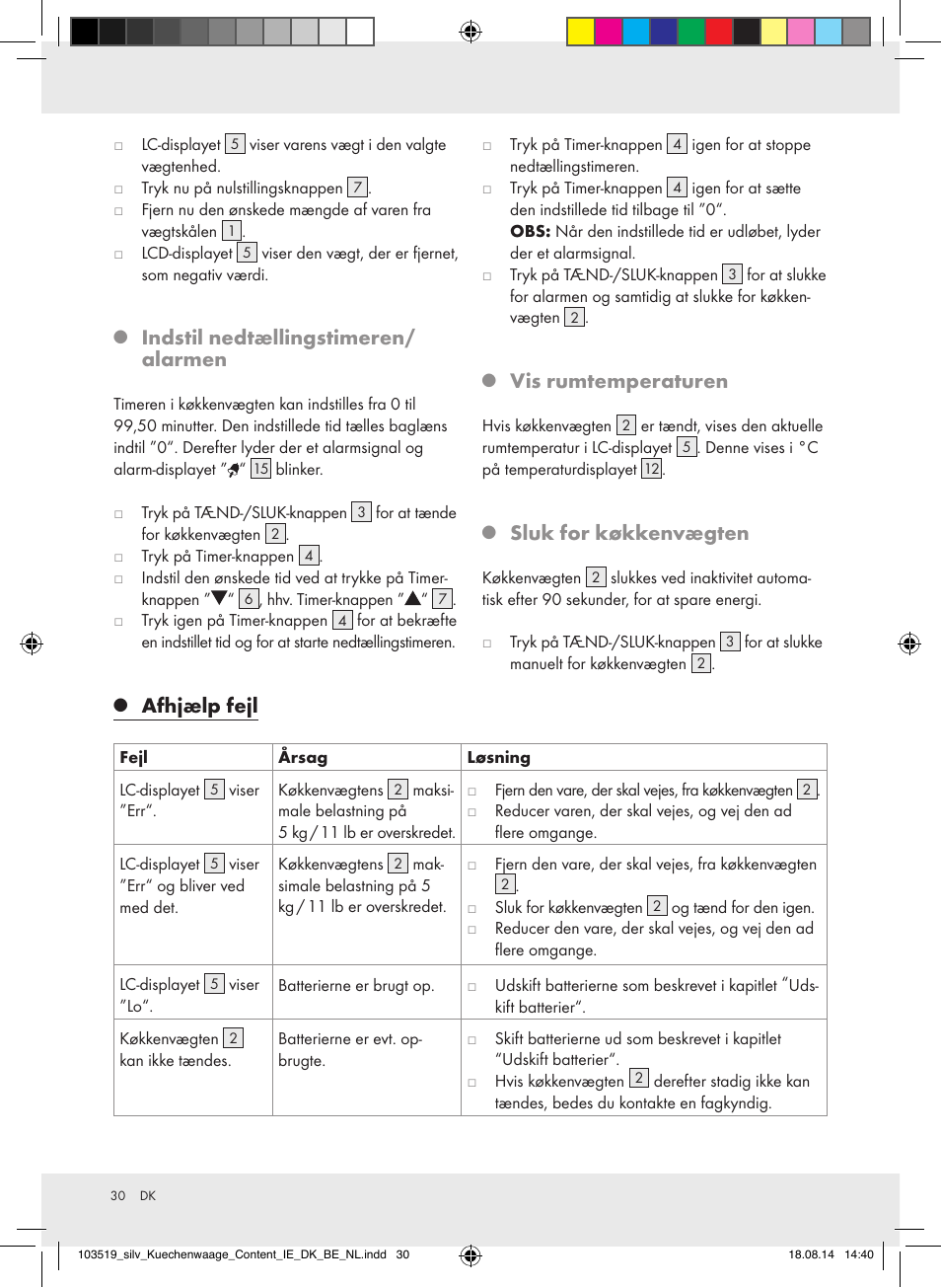 Indstil nedtællingstimeren/ alarmen, Vis rumtemperaturen, Sluk for køkkenvægten | Afhjælp fejl | Silvercrest H14271A/H14271B/H14271C User Manual | Page 30 / 55