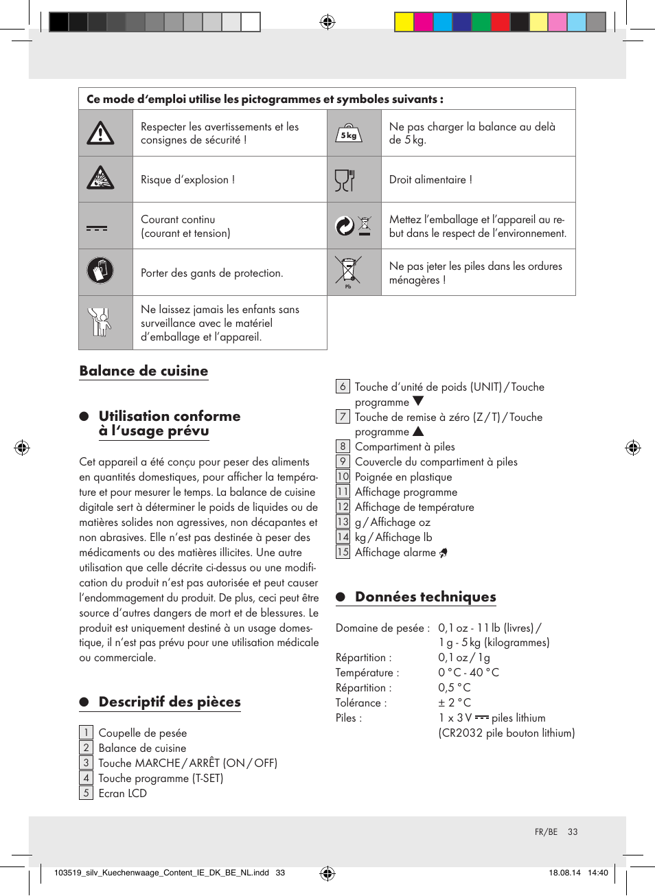 Balance de cuisine, Utilisation conforme à l‘usage prévu, Descriptif des pièces | Données techniques | Silvercrest H14271A/H14271B/H14271C User Manual | Page 33 / 55