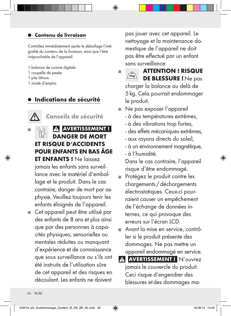 Indications de sécurité conseils de sécurité, Attention ! risque de blessure | Silvercrest H14271A/H14271B/H14271C User Manual | Page 34 / 55