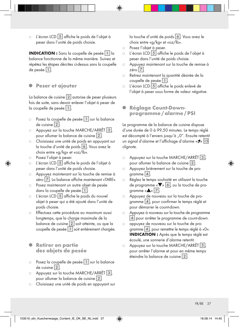 Peser et ajouter, Retirer en partie des objets de pesée, Réglage count-down- programme / alarme / psi | Silvercrest H14271A/H14271B/H14271C User Manual | Page 37 / 55