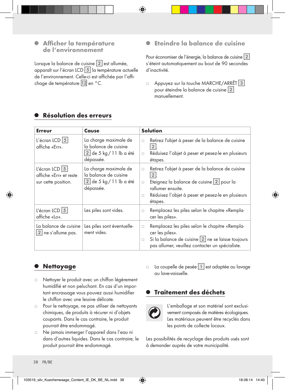 Nettoyage, Traitement des déchets, Afficher la température de l‘environnement | Eteindre la balance de cuisine, Résolution des erreurs | Silvercrest H14271A/H14271B/H14271C User Manual | Page 38 / 55