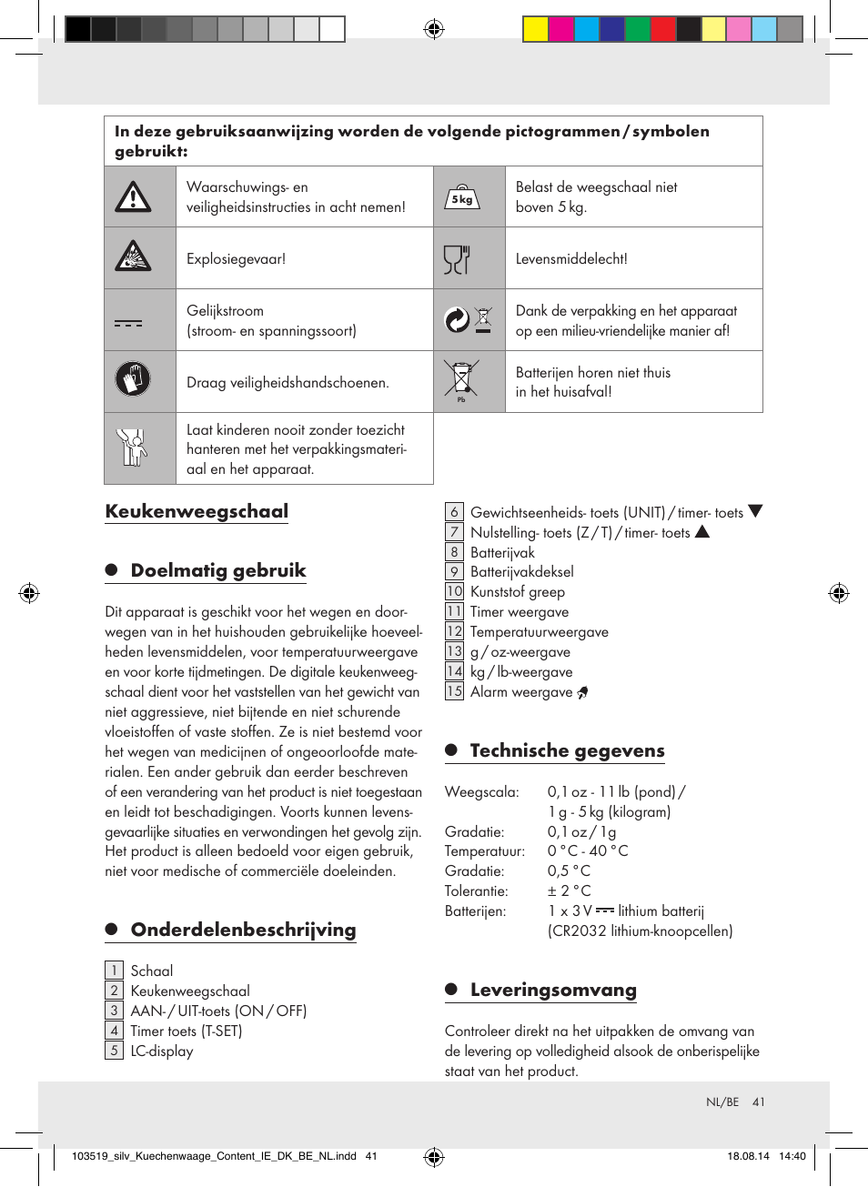 Keukenweegschaal, Doelmatig gebruik, Onderdelenbeschrijving | Technische gegevens, Leveringsomvang | Silvercrest H14271A/H14271B/H14271C User Manual | Page 41 / 55