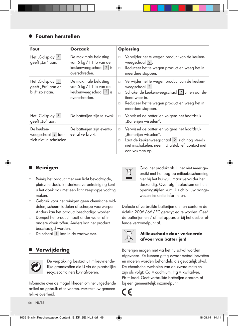 Fouten herstellen, Reinigen, Verwijdering | Silvercrest H14271A/H14271B/H14271C User Manual | Page 46 / 55