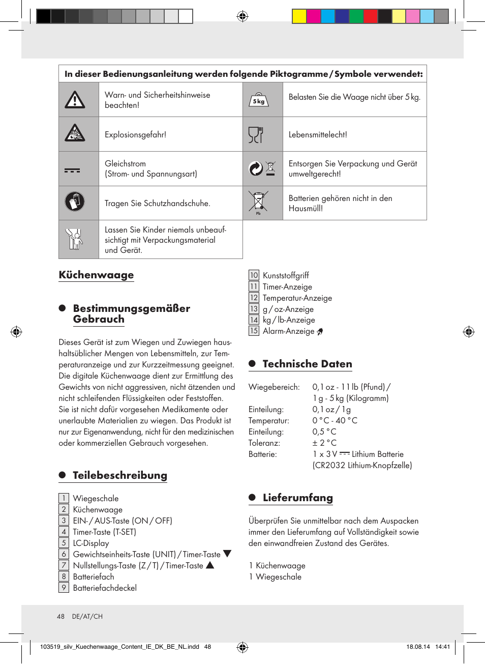 Küchenwaage, Bestimmungsgemäßer gebrauch, Teilebeschreibung | Technische daten, Lieferumfang | Silvercrest H14271A/H14271B/H14271C User Manual | Page 48 / 55