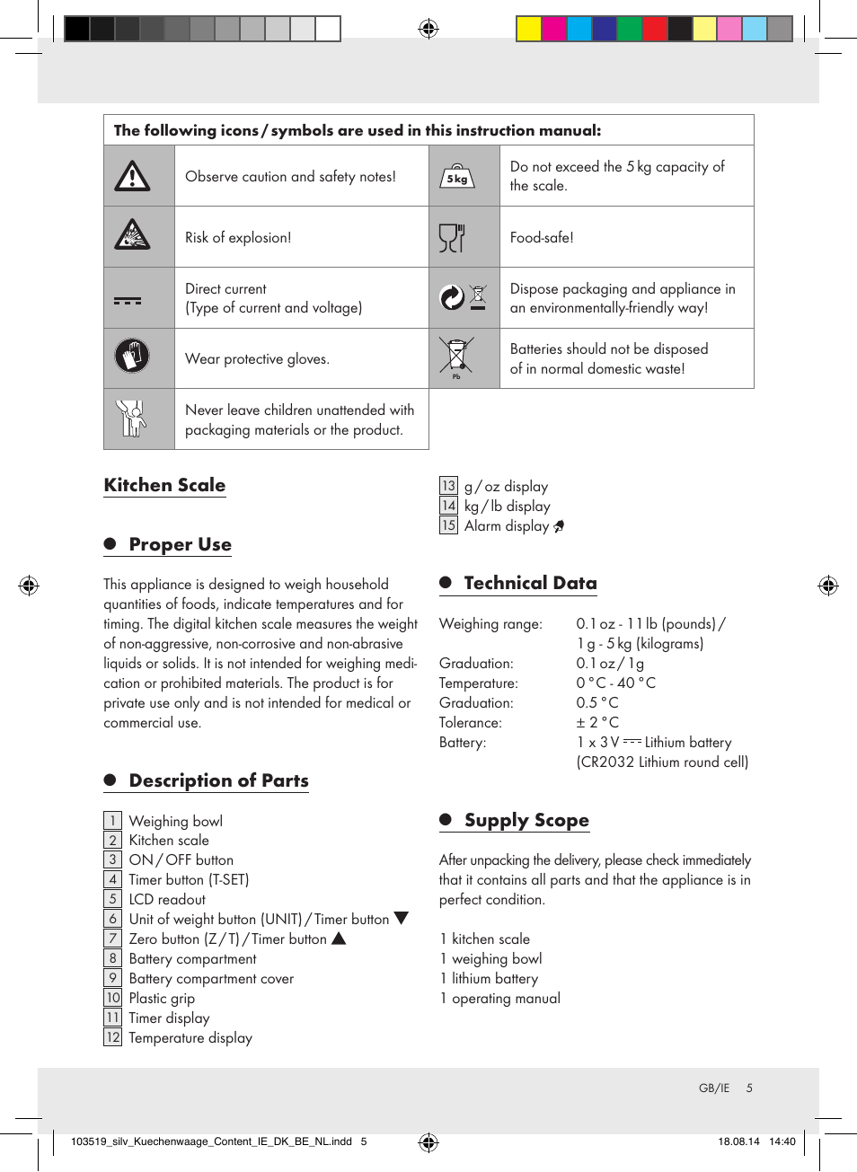 Kitchen scale, Proper use, Description of parts | Technical data, Supply scope | Silvercrest H14271A/H14271B/H14271C User Manual | Page 5 / 55